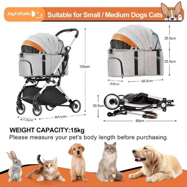 Візок для собак 3 в 1, візок для котів до 15 кг, сірий. Складаний візок для собак та котів з сумкою-переноскою, для маленьких та середніх тварин. З дощовим покриттям