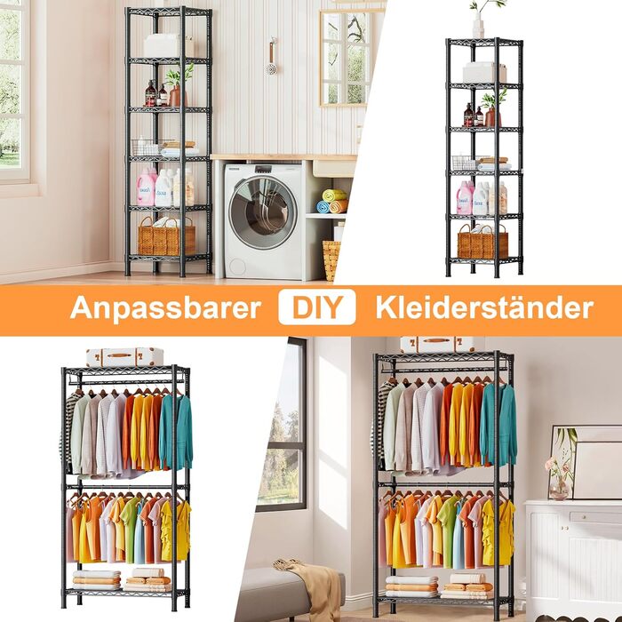 Розширюваний вішак для одягу, металевий гардеробний стійка з регульованими полицями, важкий, чорний