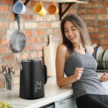 Електричний чайник-заварник Lehmann з нержавіючої сталі, 1,7 л, терморегуляція 45-100°C, з термостатом та дисплеєм, чорний