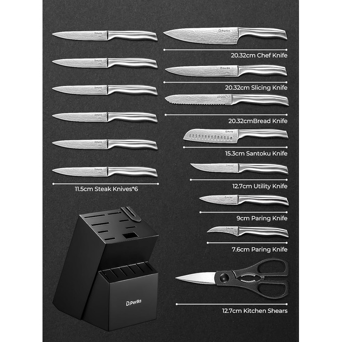 D.Perlla 15-Piece Self-Sharpening Knife Block Set - Professional Stainless Steel Kitchen Knife Set with Ergonomic Handles & Wooden Block