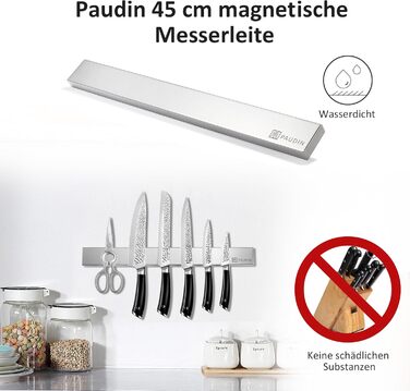 PAUDIN Magnetic Knife Strip 45 cm - Magnetic Knife Holder for Kitchen Knives made of Stainless Steel with Extra Strong Magnet as Knife Holder for Wall, Self-Adhesive for Kitchen Utensils or Tools