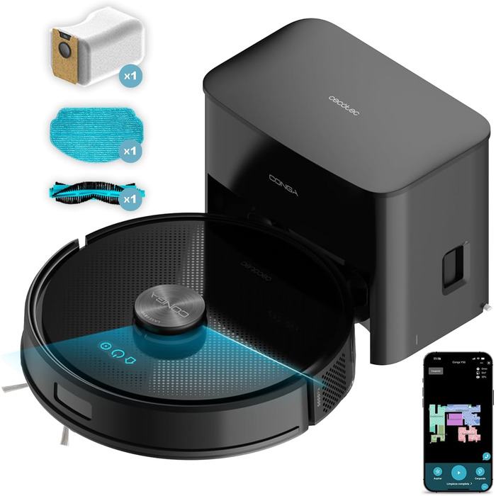 Робот-пилосос та робот-мийник Cecotec Conga Y50 X-Treme з автопорожненням. Лазерна навігація, потужність всмоктування 5000Pa, база з баком 3л, мультифункціональна щітка, керування через додаток