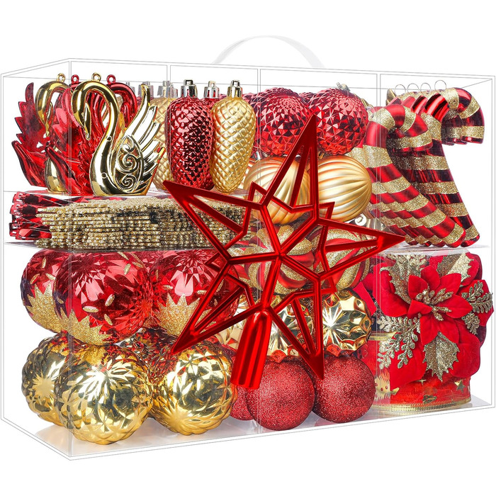 Набір прикрас для ялинки Alupssuc 128 шт: ялинкові кулі, квіти, стрічки, верхівка, гачки (чорний & золотий, синій & золотий, червоний & золотий)