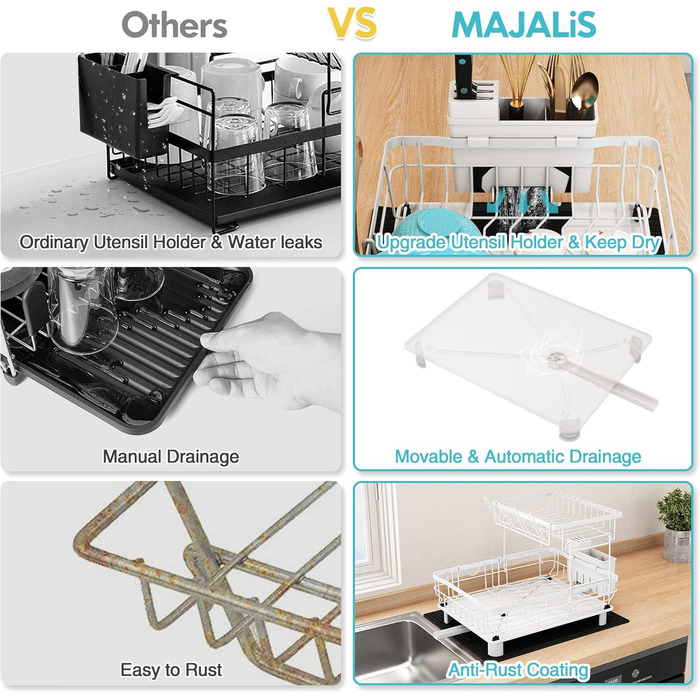 Сушарка для посуду MAJALiS 2-ярусна з піддоном та килимком, з тримачем для кухонного приладдя, чорна, нержавіюча сталь