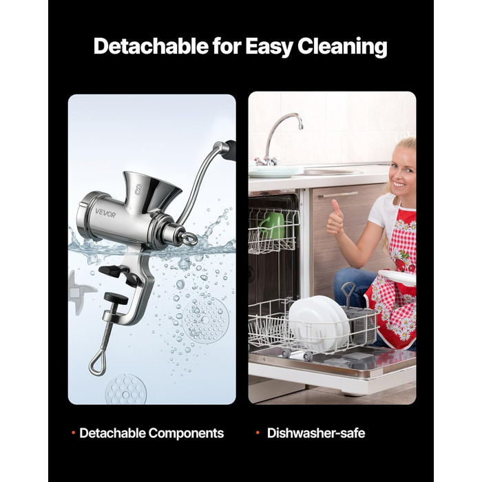 М'ясорубка ручна VEVOR з нержавіючої сталі 304, з присоскою для столу та насадками для ковбас (4.5/8 мм, 4 насадки)