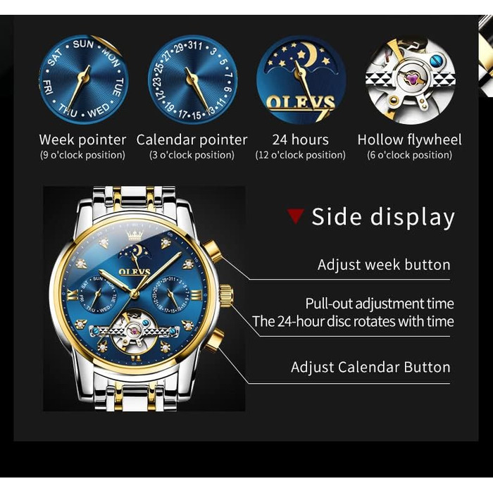 Чоловічий наручний годинник OLEVS 6678: водонепроникний хронограф із кварцовим механізмом, сталевий корпус, підсвічування циферблата, синій/золотий/сріблястий