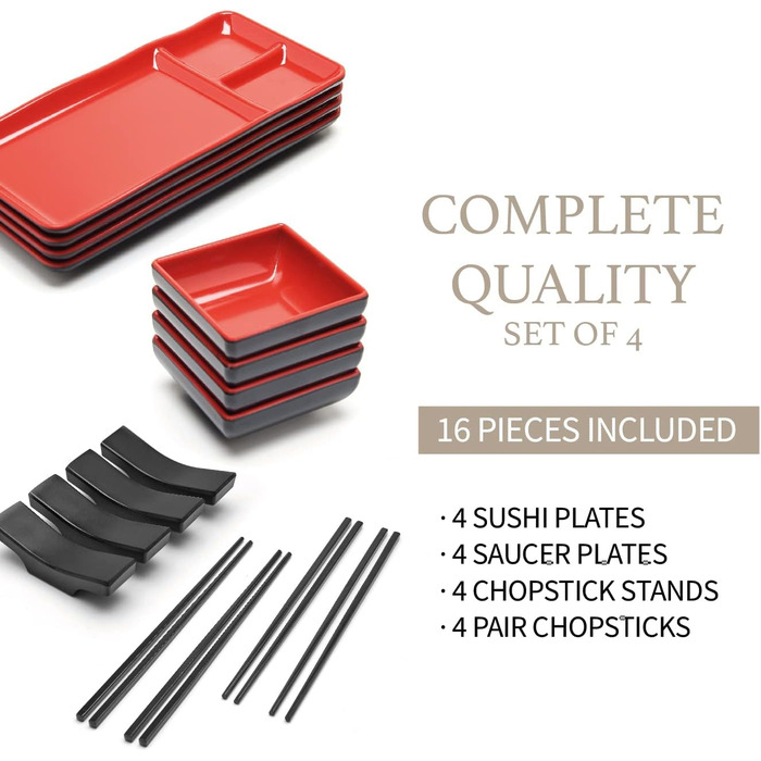 Японський набір суші на 16 осіб – 4 тарілки, 4 соусники, 4 пари паличок, 4 підставки – з меламіну (червоний)