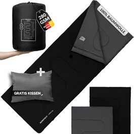 MONTARAY® 100% Cotton Sleeping Bag - Warm Outdoor & Summer Sleeping Bag for 3-4 Seasons - Includes Pillow - Hut Sleeping Bag for Men & Women - Black (75x190cm)