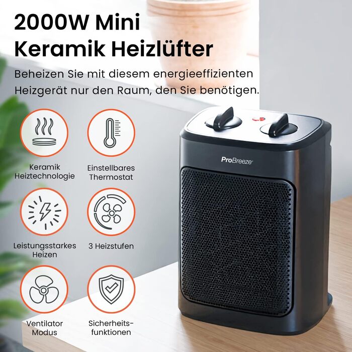Керамічний обігрівач повітря Pro Breeze 2000W з термостатом, 3 режими нагріву та функцією охолодження, електричний конвектор із захистом від перегріву та перекидання, чорний