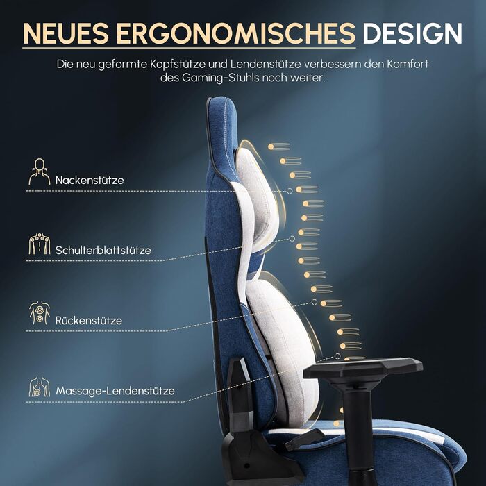 Dowinx Геймінговий крісло, дихаючий офісний стілець з високоякісного матеріалу, ергономічний PC стілець з 4D підлокітниками, регульований та поворотний геймінговий стілець з підніжкою, блакитний