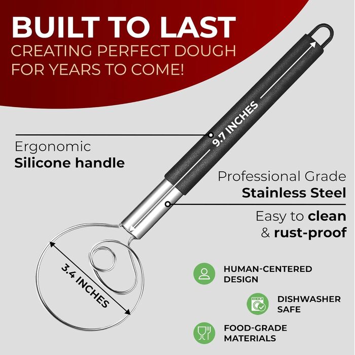 ORBLUE Тістоміс датський з силіконовою ручкою, вінчик для збивання з нержавіючої сталі, червоний (Grenzenlos Schwarz)
