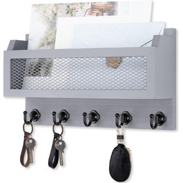Wall decor brief and key holder, 27.9 cm (11 inch) wood wall key organizer with 5 key hooks, wall mount, storage shelf for entryway, hallway (white) (grey)