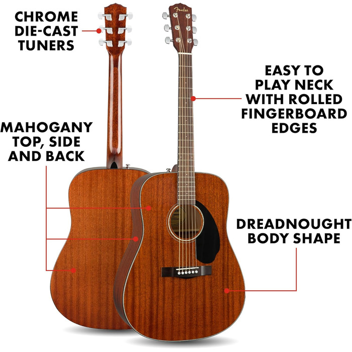 Акустична гітара Fender CD-60S Dreadnought з палісандровою накладкою, махагоні, натуральний колір, повний розмір, 970110022. Безкоштовні онлайн-уроки в комплекті
