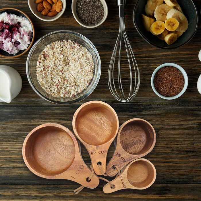 Wooden measuring cups and spoons, for baking, cooking, spices, coffee, tea, powdered milk, set of 4