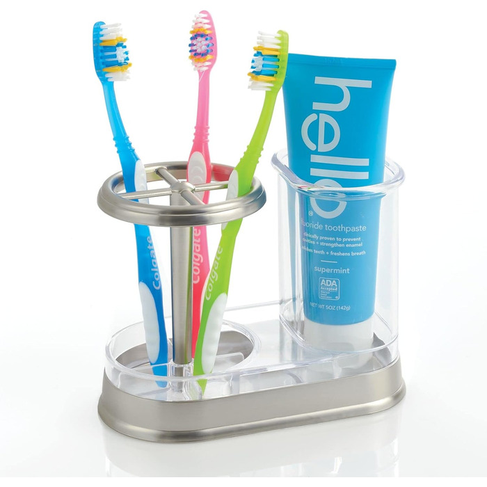 mDesign Toothbrush Holder - high-quality toothbrush cup made of plastic for bathroom sink or vanity - practical holder for toothbrushes and toothpaste - white and matte silver (Transparent/Brushed)