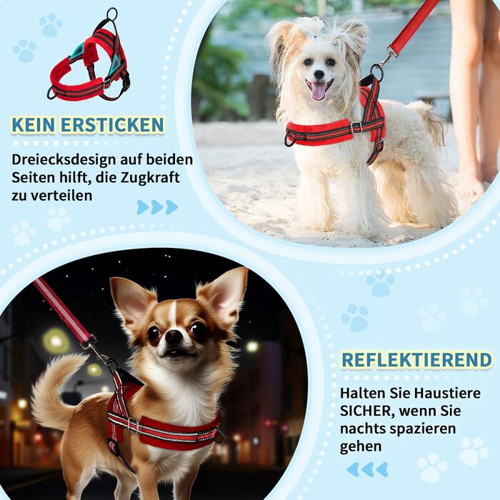 Нашийник для собак середнього та малого розміру з повідком, м'який, не тягне, з 2 кліпсами для повідка, легкий, світловідбиваючий, регульований (Червоний, XS)