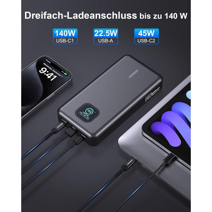 Power Bank 140W, 25000mAh з дисплеєм для ноутбука, MacBook, iPad, iPhone, Switch, Dell XPS (Сірий)