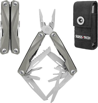 Мультитул Swiss+Tech 16-в-1: мультиінструмент з нержавіючої сталі з ножем, пилкою, ножицями, відкривачкою для пляшок, для кемпінгу, відпочинку на природі, ремонту, з чохлом, вінтажний зелений (ретро-сірий)