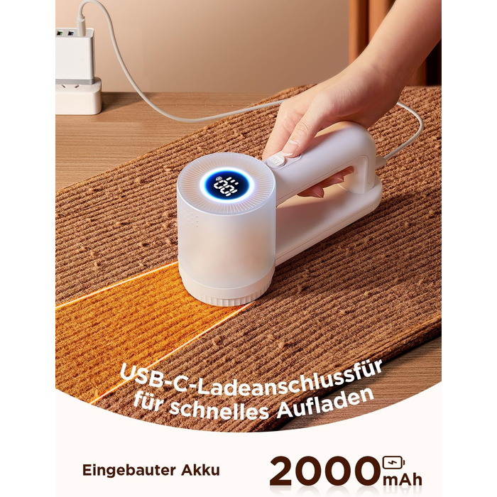 Електричний видальник ворсу 2-в-1 з трьома швидкостями для всіх тканин, з цифровим дисплеєм, 3 леза, USB-C кабель (Білий)