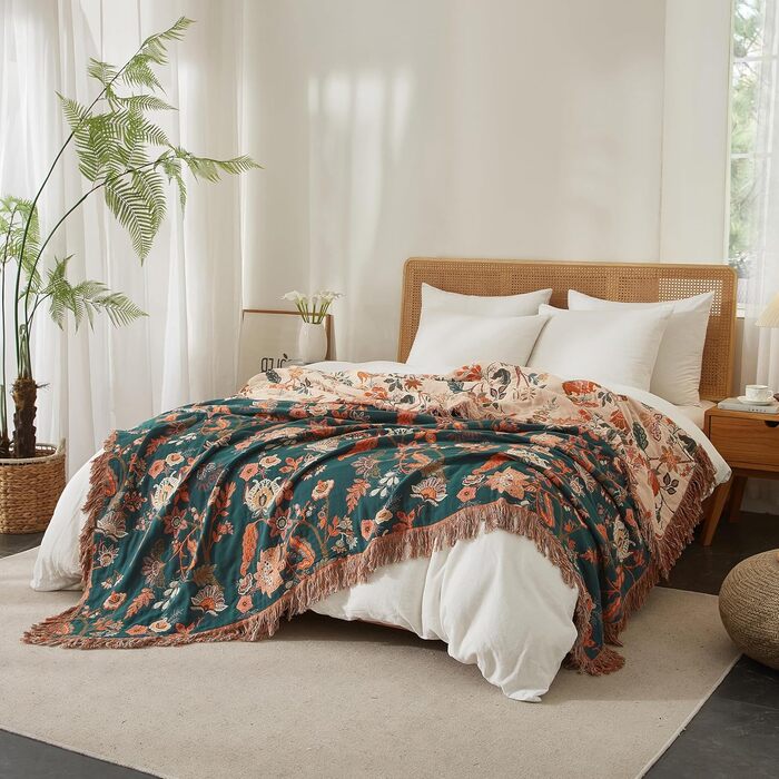 SE SOFTEXLY Boho плед з 100% бавовни – двосторонній мусліновий плед 150x200 см, м'який плед на диван та ковдра на ліжко, естетичний дизайн, ідеальний для вітальні та спальні, Orange/Grün Blütentraum (230 x 250 cm, Blütentraum)