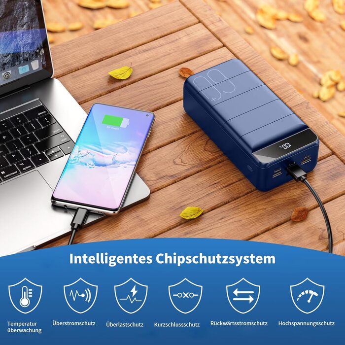Powerbank 60000mAh з LED-дисплеєм, 22,5W PD, 4 виходи USB та 3 входи, сумісний з iPhone, Android та іншими пристроями (синій)