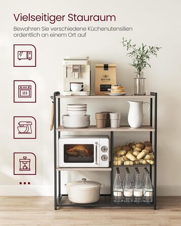 Стелаж кухонний VASAGLE з 2 металевими кошиками, бакалійний стелаж з гачками та полицями, для мікрохвильової печі, 35 x 80 x 93,5 см, золотий дуб + чорний