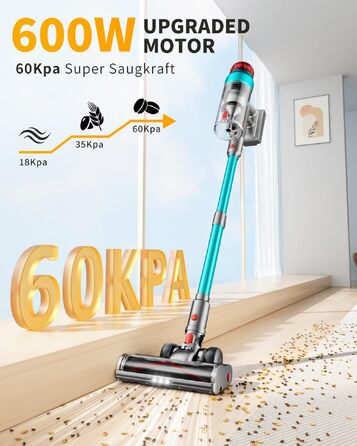 Акумуляторний бездротовий пилосос 600W 60KPa з дисплеєм, щіткою від шерсті тварин та настінною стацією зарядки, зелений