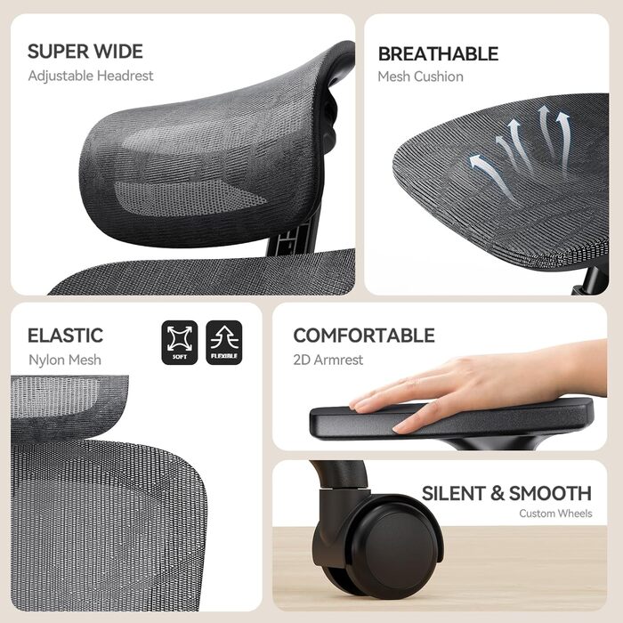 Офісний стіл Noblewell з високою спинкою, комп'ютерне крісло з сітчастої тканини з підтримкою попереку, 3D-підлокітники, подвійна спинка та регульована підголівник