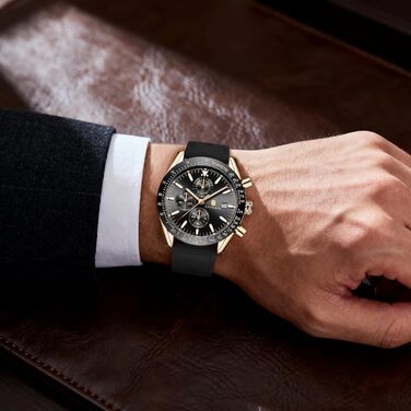 Годинник чоловічий BENYAR Chronograph з аналоговим кварцовим механізмом, шкіряний ремінець, стильний дизайн для бізнесу та спорту, водонепроникність 30M, елегантний подарунок для чоловіків (чорний ремінець/рожево-золотий корпус/чорний циферблат)