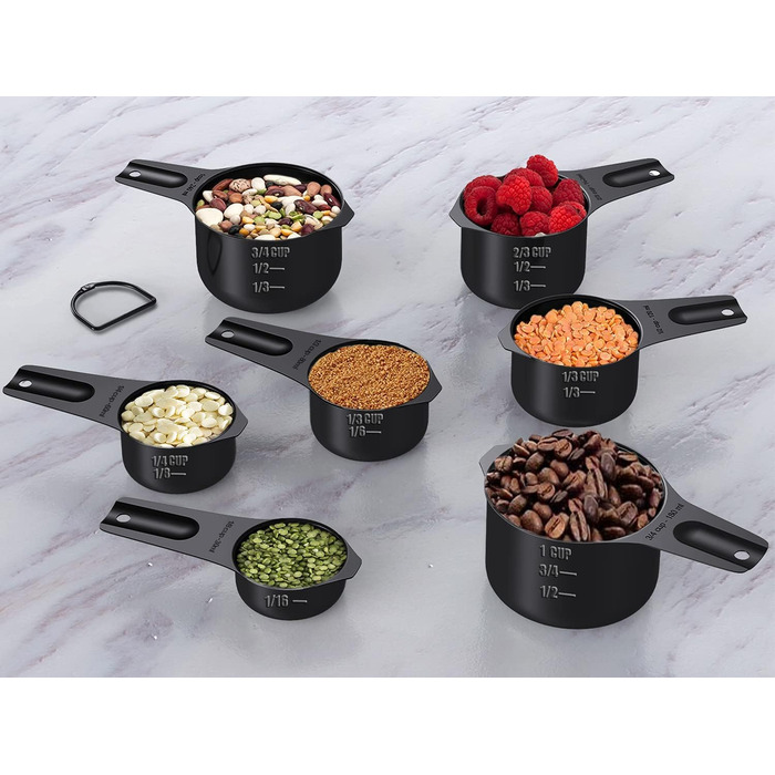 Wildone 21 black measuring cups and spoons, including 7 stainless steel measuring cups, 8 double-sided measuring spoons, 1 leveler, and 5 mini spoons.