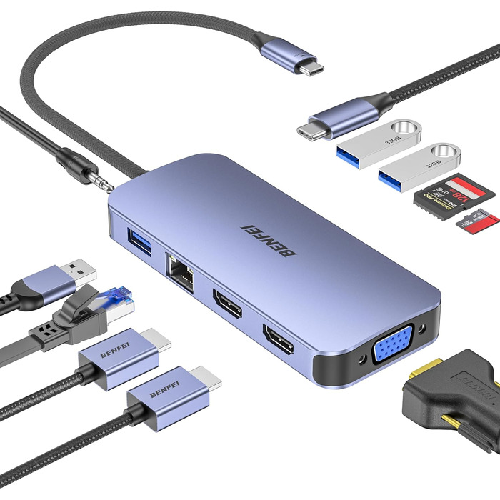 Док-станція BENFEI USB-C MST Hub - 11 в 1: 2HDMI 4K, VGA, 3 x USB 3.0, SD/TF, Ethernet, PD 100W, 3.5mm Aux для MacBook, XPS, Surface (Сірий)