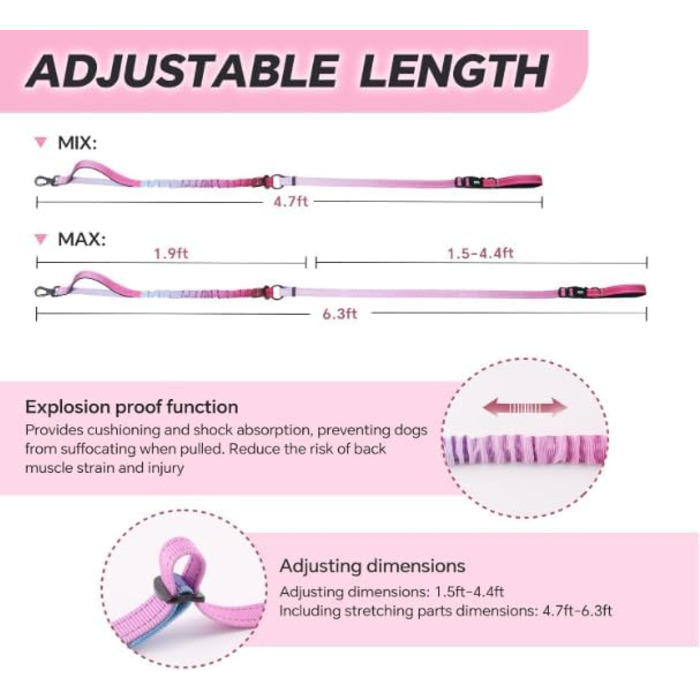 Міцна повідець для собак COSYHOMELONDON, без натягу, з амортизатором, для прогулянок та тренувань, з кріпленням для авторемня, 1,2 - 1,8 м, фіолетовий