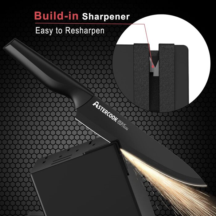 Astercook 21-Piece Kitchen Knife Set with Block - German Stainless Steel, Built-in Sharpener, Dishwasher Safe