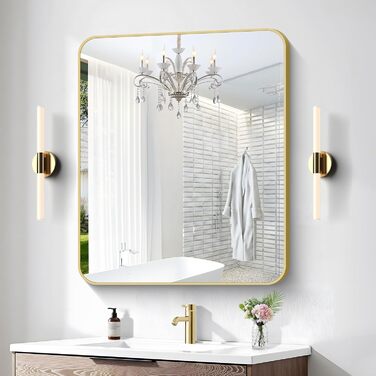 Дзеркало для ванної кімнати BONEWEI, 61 x 121,9 см, прямокутне, для кріплення на стіну, з рамою, косметичне дзеркало з округлими кутами, для спальні, вітальні, передпокою, горизонтальне (Золотий, 91.4L x 76.2B см)