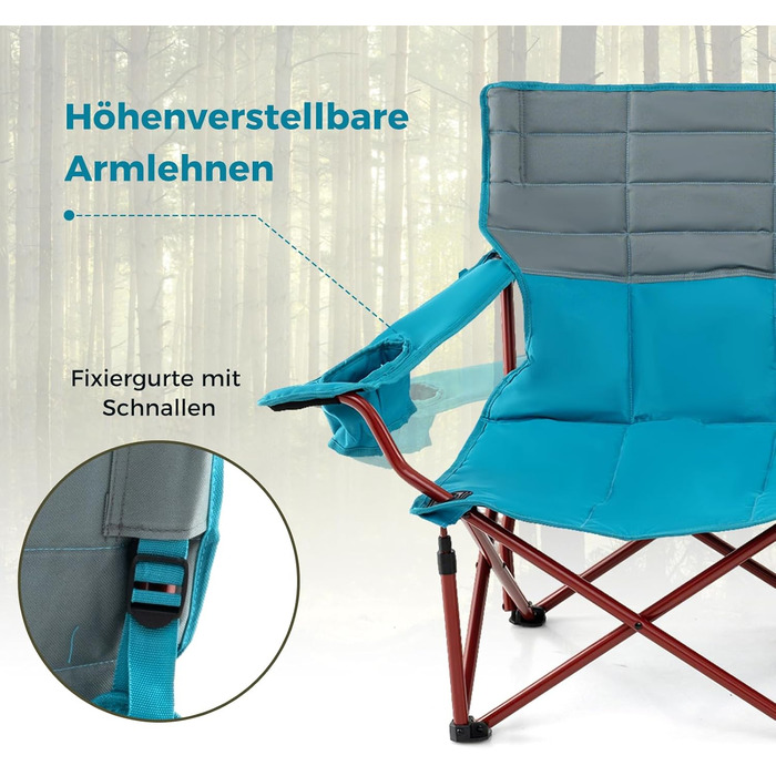 Крісло для кемпінгу Costway: складане, з регульованими підлокітниками, тримачами для напоїв та сумкою, вантажопідйомність 272 кг, для відпочинку, риболовлі, пікніків (зелене, блакитне)