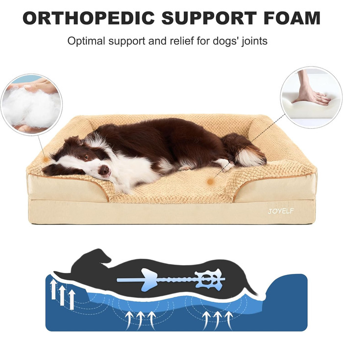 JOYELF Orthopedic Dog Bed for Large Dogs, Waterproof Foam Sofa with Removable, Washable Cover and Non-Slip Bottom for Small to Medium Dogs - (X-Large - 110*82*20cm, Khaki)