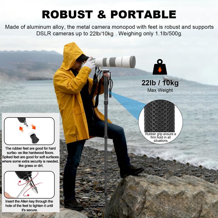 Штатив Koolehaoda 160 см з алюмінію з ручкою-підтримкою та тримачем для телефону, 1/4'-3/8' адаптер для DSLR/відеокамер, смартфонів