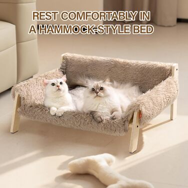 MEWOOFUN Elevated Cat Bed Sofa made of Wood, Sturdy Large Cat Sofa – Fashionable Cat Stool with Removable Mattress Cover. Supports up to 10 kg (70x53cm, Light Brown)