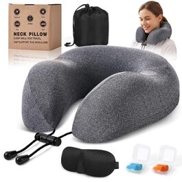 Подушка для подорожей Kobete з ефектом пам'яті (Memory Foam) для шиї в літак, авто та потяг, сіра — набір з 3D-маскою для сну, берушами та сумкою