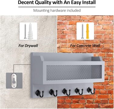 Wall decor brief and key holder, 27.9 cm (11 inch) wood wall key organizer with 5 key hooks, wall mount, storage shelf for entryway, hallway (white) (grey)