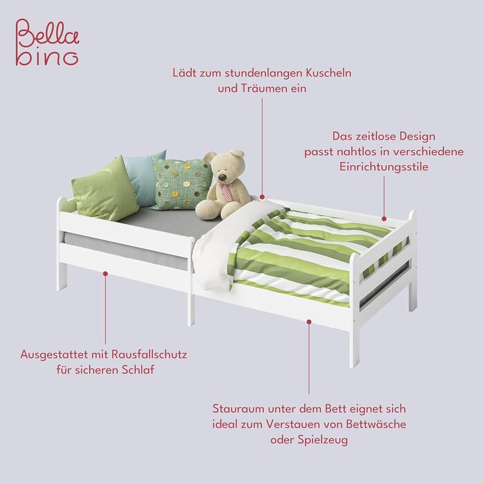 Bellabino Kinderbett Kuru 90x200, Single bed for children incl. fall guard and slatted frame, white children's bed, bed for boys and girls without drawers White