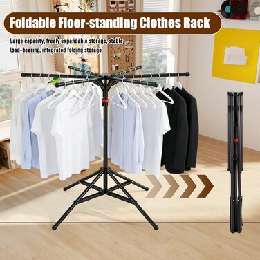 Сушарка для білизни Standtrockner Hoch Klappbar - розкладний стійкий тримач для одягу з 6 крилами, регульована висота 120-170 см, з вуглецевої сталі, для балкону, в приміщенні та на вулиці (чорний)