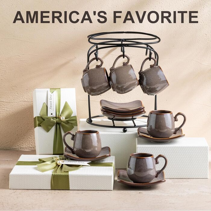 Набір кавових чашок для еспресо LYEOBOH (6 шт.) з підставками, 85 мл, кераміка, білий (A-brown)