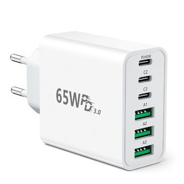 Зарядний пристрій USB-C 65W, 6 портів, мережевий адаптер для iPhone 17/16/15/14, iPad, Galaxy S25, планшетів та мобільних телефонів