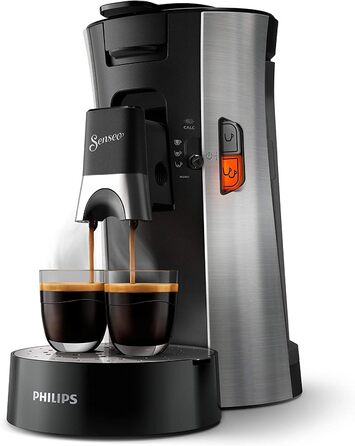 PHILIPS Senseo Select Coffee Pad Machine – Coffee Strength Choice Plus, Memo Function, Crema Plus Technology, 0.9L Water Tank, Two-Cup Function, Adjustable Outlet, Environmentally Friendly (CSA250/10) Brushed Steel