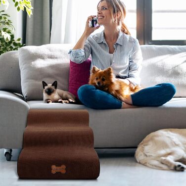 Сходинки для собак Caliyo 3 ступені, для маленьких собак та котів, 40 см, знімний чохол, антиковзаюча поверхня, для ліжка, дивану, авто (60×40×40см), коричневі