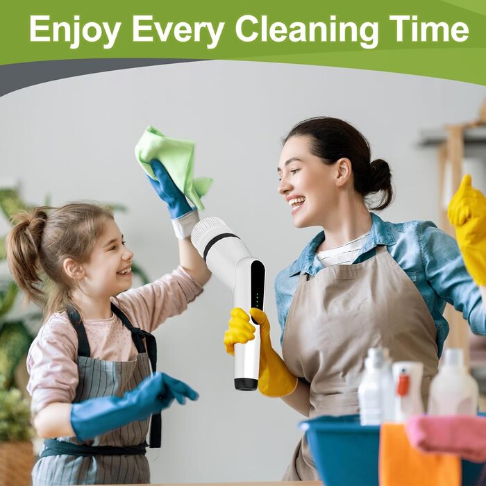 Електрична щітка для прибирання з 7 насадок, водонепроникна IPX7, регульована ручка, для ванної, кухні, підлоги, авто, біла
