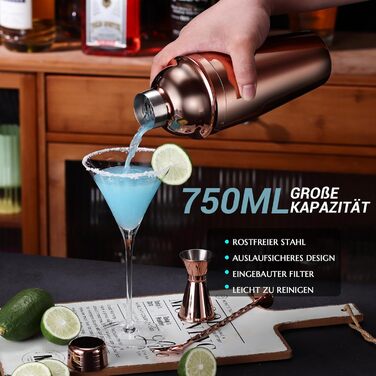 Cocktail Shaker Set, 12-Piece Stainless Steel Bar Accessory Set, 750ml Shaker Bartender Set with Stand, Ideal Cocktail Machine Bartender Set for the Home Bar (Rose Gold)