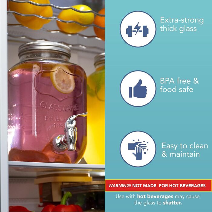 Скляний диспенсер для напоїв з краником - 4 літри, Mason Jar, з пластиковим краником та металевим підставкою
