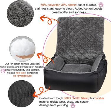 Автокрісло для собак SIVEIS – зручне ліжко з плюшу та кишеню для зберігання, чорне